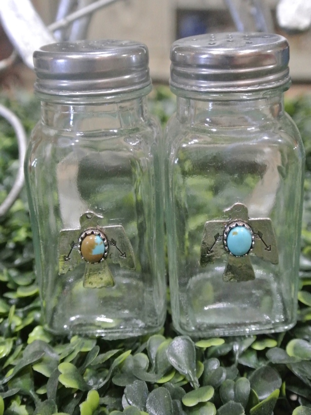 HANDMADE THUNDERBIRD WITH TURQUOISE SALT AND PEPPER SHAKERS